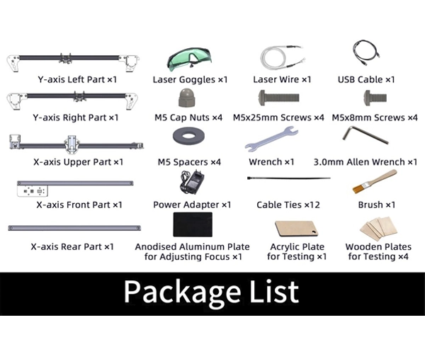Package List de Máquina de corte y grabado láser Ortur LM2 S2