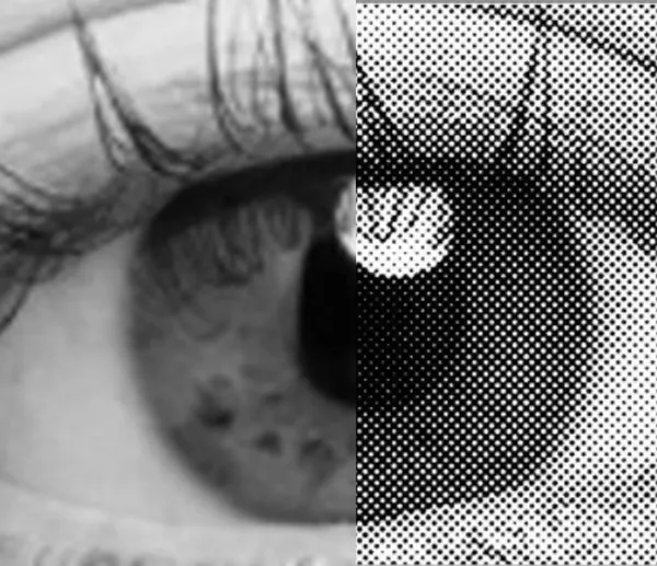 Ojo rasterizado con algoritmos de rasterización que determinan la distribución de los puntos en una imagen en blanco y negro, formato de archivo para corte láser